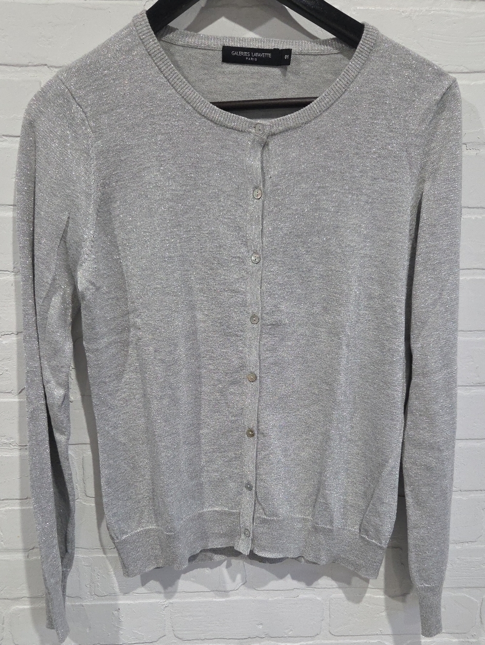 Silver Crewneck Button-Front Cardigan